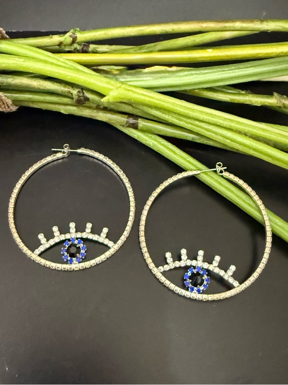 Pave Crystal Silver-tone Evil Eye Large Hoop Earrings